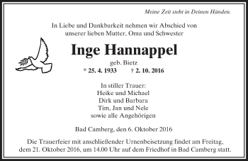Traueranzeige von Inge Hannappel von  Camberger Anzeiger
