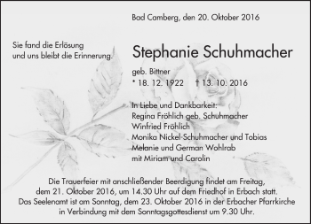 Traueranzeige von Stephanie Schuhmacher von  Camberger Anzeiger
