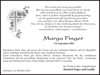 Traueranzeige von Marga Finger von  Kreisanzeiger