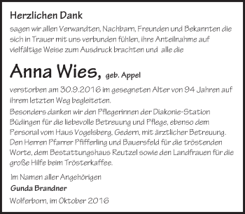 Traueranzeige von Anna Wies von  Kreisanzeiger