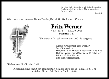 Traueranzeige von Fritz Werner von  Gießener Anzeiger
