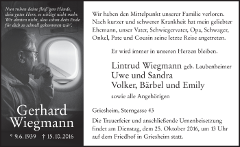 Traueranzeige von Gerhard Wiegmann von Trauerportal Echo Online