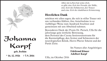 Traueranzeige von Johanna Karpf von  Kreisanzeiger
