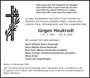 Traueranzeige von Jürgen Heukrodt von Trauerportal Rhein Main Presse