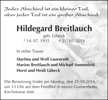Traueranzeige von Hildegard Breitlauch von Trauerportal Rhein Main Presse