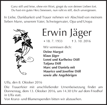 Traueranzeige von Erwin Jäger von  Kreisanzeiger