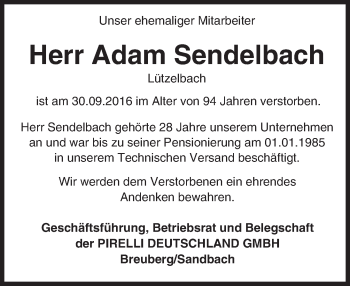 Traueranzeige von Adam Sendelbach von Trauerportal Echo Online