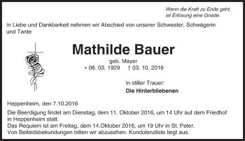 Traueranzeige von Mathilde Bauer von Trauerportal Echo Online