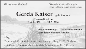 Traueranzeige von Gerda Kaiser von Trauerportal Rhein Main Presse