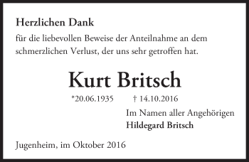 Traueranzeige von Kurt Britsch von Trauerportal Echo Online