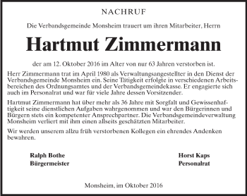 Traueranzeige von Hartmut Zimmermann von Trauerportal Rhein Main Presse