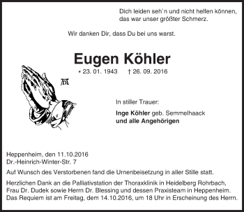 Traueranzeige von Eugen Köhler von Trauerportal Echo Online