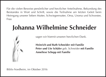 Traueranzeige von Johanna Wilhelmine Schneider von Trauerportal Rhein Main Presse