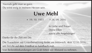 Traueranzeige von Uwe Mehl von Trauerportal Echo Online