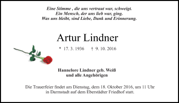 Traueranzeige von Artur Lindner von Trauerportal Echo Online