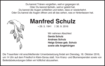 Traueranzeige von Manfred Schulz von Trauerportal Echo Online