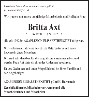 Traueranzeige von Britta Axt von Trauerportal Echo Online