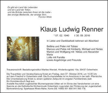 Traueranzeige von Klaus Ludwig Renner von Trauerportal Rhein Main Presse