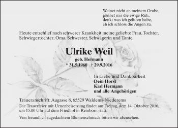 Traueranzeige von Ulrike Weil von Trauerportal Rhein Main Presse