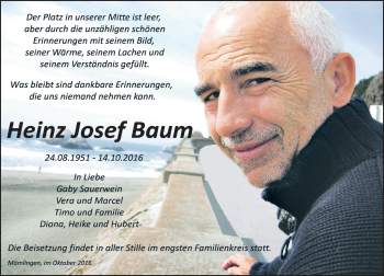 Traueranzeige von Heinz Josef Baum von Trauerportal Echo Online