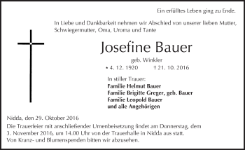 Traueranzeige von Josefine Bauer von  Kreisanzeiger