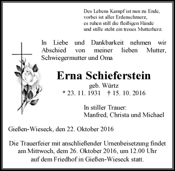 Traueranzeige von Erna Schieferstein von  Gießener Anzeiger