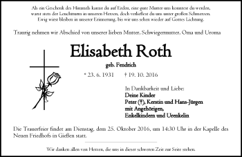 Traueranzeige von Elisabeth Roth von  Gießener Anzeiger