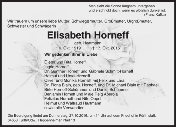 Traueranzeige von Elisabeth Horneff von Trauerportal Echo Online