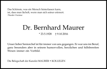 Traueranzeige von Bernhard Maurer von Trauerportal Rhein Main Presse