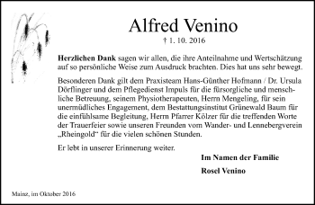 Traueranzeige von Alfred Venino von Trauerportal Rhein Main Presse