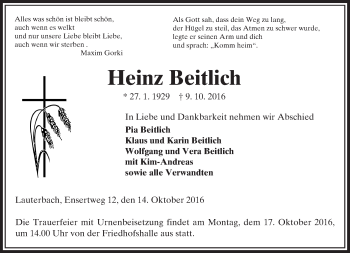 Traueranzeige von Heinz Beitlich von VRM Trauer
