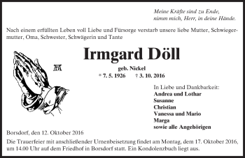 Traueranzeige von Irmgard Döll von  Kreisanzeiger