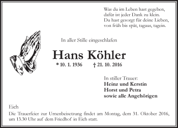 Traueranzeige von Hans Köhler von Trauerportal Rhein Main Presse