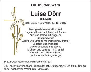Traueranzeige von Luise Dörr von Trauerportal Echo Online
