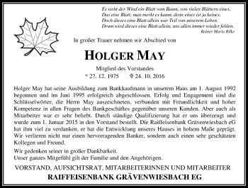 Traueranzeige von Holger May von  Usinger Anzeiger