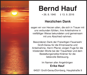 Traueranzeige von Bernd Hauf von Trauerportal Echo Online