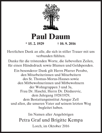 Traueranzeige von Paul Daum von Trauerportal Rhein Main Presse