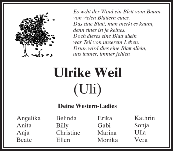 Traueranzeige von Ulrike Weil von  Camberger Anzeiger