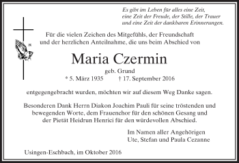 Traueranzeige von Maria Czermin von  Usinger Anzeiger