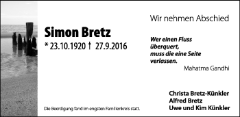 Traueranzeige von Simon Bretz von Trauerportal Rhein Main Presse