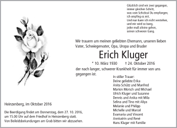 Traueranzeige von Erich Kluger von  Usinger Anzeiger