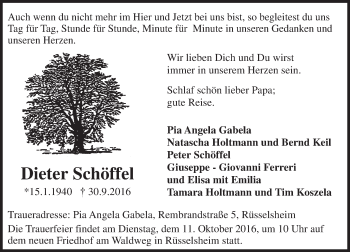 Traueranzeige von Dieter Schöffel von Trauerportal Rhein Main Presse