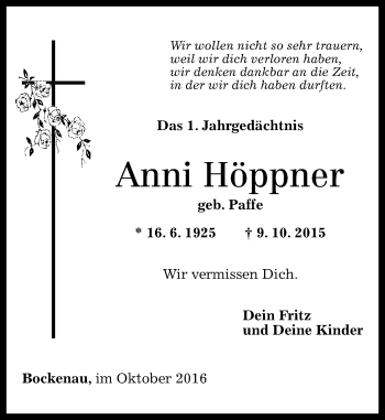 Traueranzeige von Anni Höppner von Trauerportal Rhein Main Presse