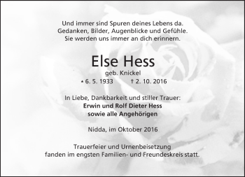 Traueranzeige von Else Hess von  Kreisanzeiger