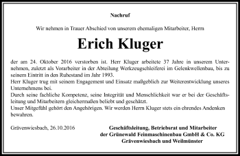 Traueranzeige von Erich Kluger von  Usinger Anzeiger