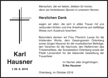 Traueranzeige von Karl Hausner von  Kreisanzeiger