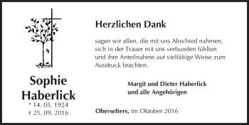 Traueranzeige von Sophie Haberlick von  Camberger Anzeiger