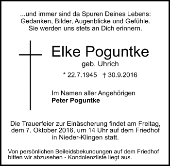 Traueranzeige von Elke Poguntke von Trauerportal Echo Online