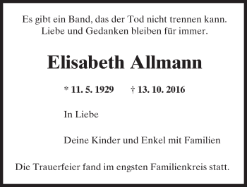 Traueranzeige von Elisabeth Allmann von Trauerportal Echo Online