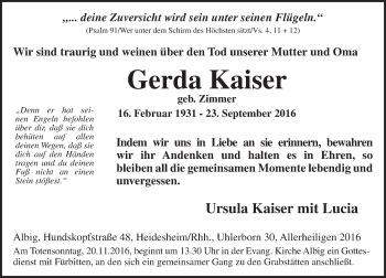 Traueranzeige von Gerda Kaiser von Trauerportal Rhein Main Presse